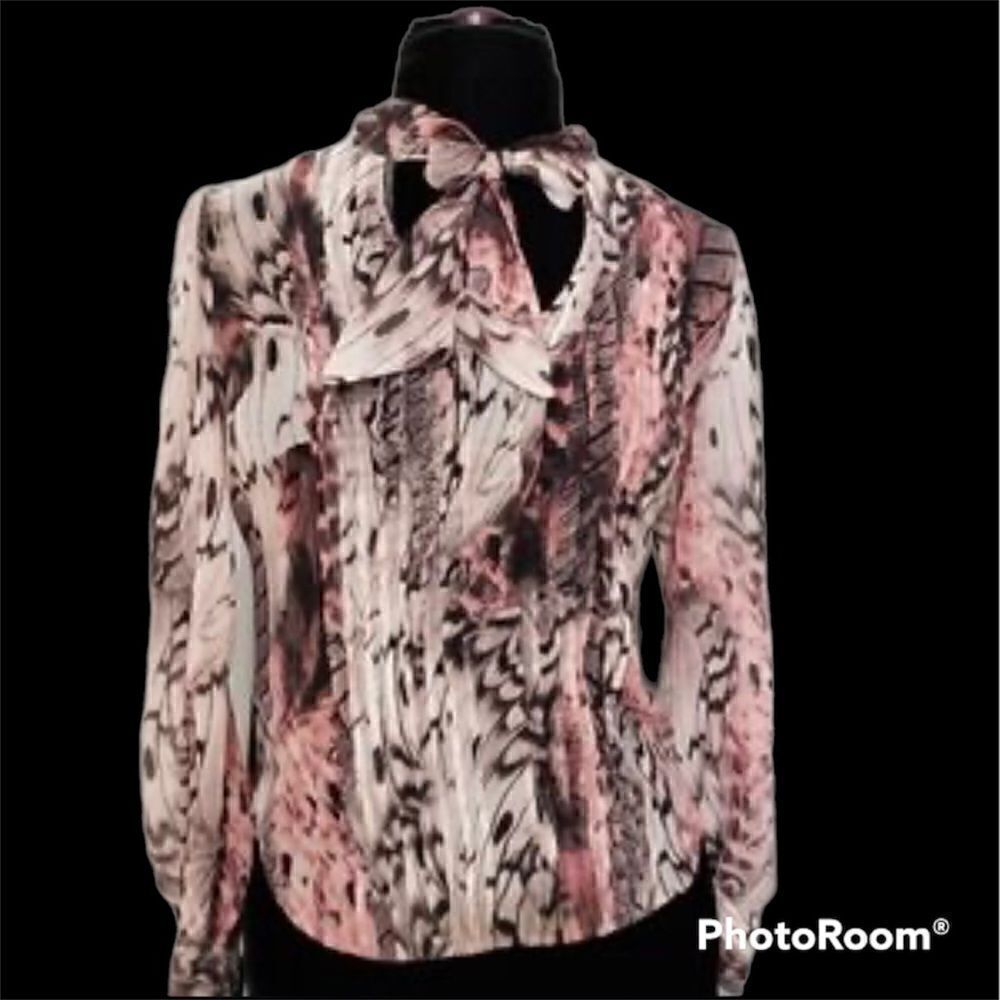 JLo Pink Leopard Print Chiffon Tie Neck Pin tucked Long Sleeve Blouse